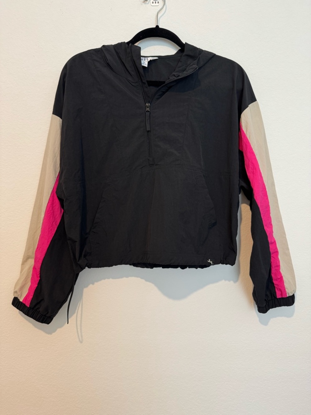 JoyLab Black 1/2 Zip Nylon Cropped Hooded Lightweight Waterproof Jacket